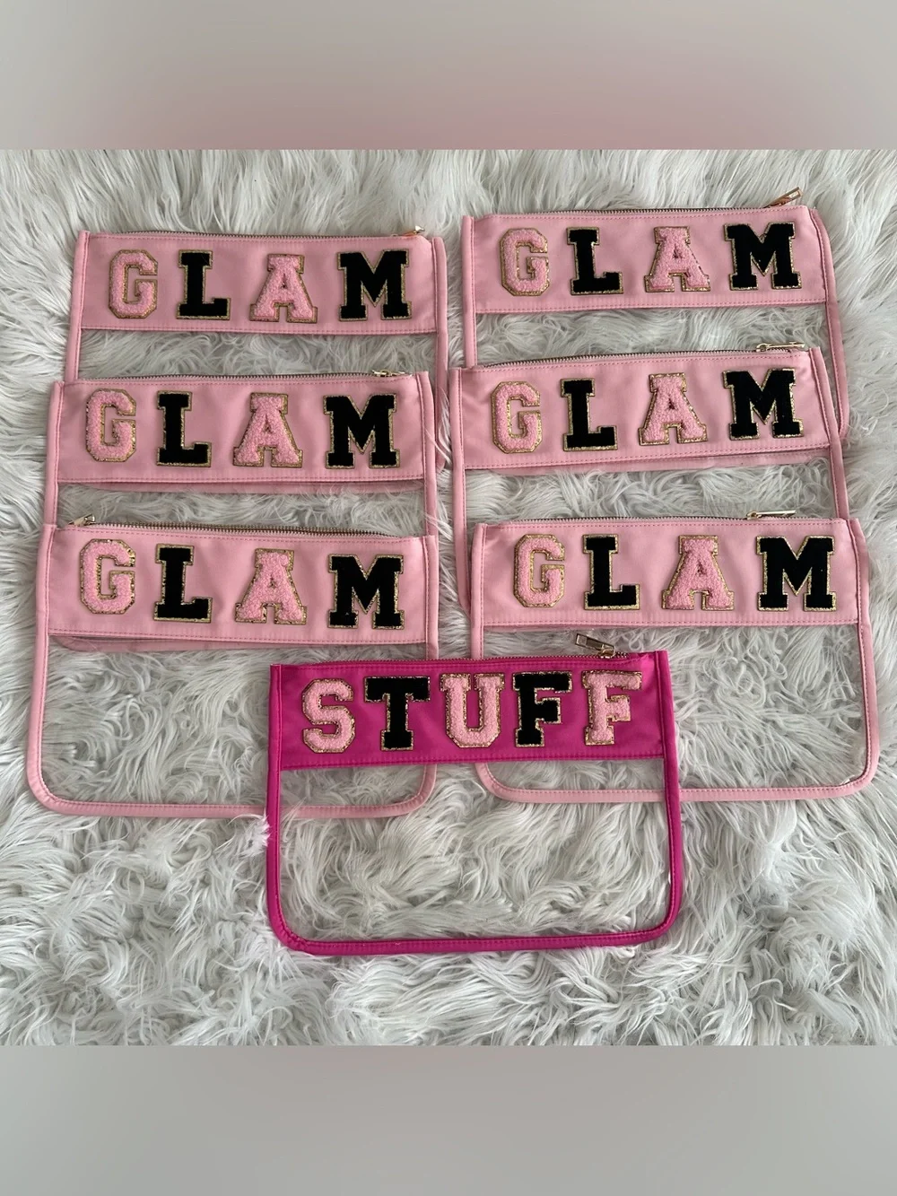 GLAM Clear Makeup Pouch with Chenille Patch Lettering - read description